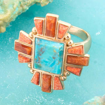 Barse Jewelry Composite Turquoise With Opal & Coral Gold Tone Santa
Fe Cross Ring