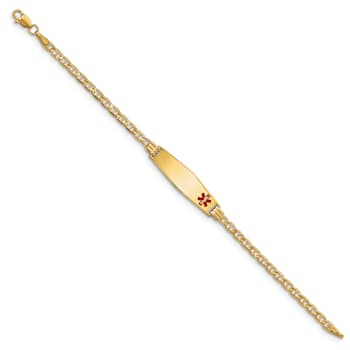 14k Yellow Gold Medical Soft Diamond Shape Red Enamel Mariner Link ID Bracelet