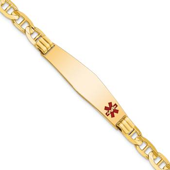 14k Yellow Gold Medical Soft Diamond Shape Red Enamel Mariner Link ID Bracelet