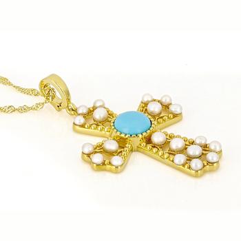 Turquoise And Cultured Seed Pearl Cross Pendant Necklace In 18K Gold
Over Sterling Silver