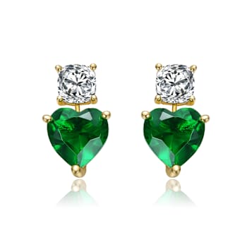 Emerald Color CZ Two-Heart Drop Earrings In 14K Gold Over Sterling Silver