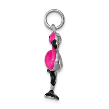 Rhodium Over Sterling Silver Hot Pink and Black Enameled Flamingo Charm