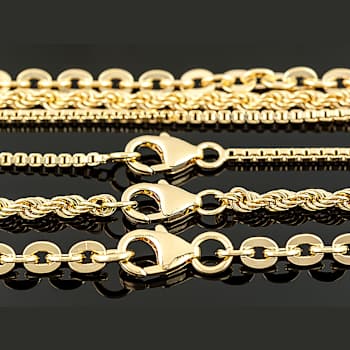 Box, Rope And Cable Link Chain Necklace Set In 18K Gold Over Bronze
