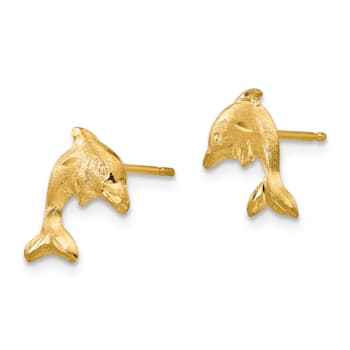 14k Yellow Gold Satin and Diamond-Cut Dolphin Stud Earrings