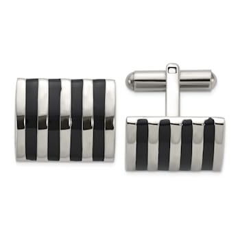 Stainless Steel Polished with Black Enamel Stripes Cuff Links
