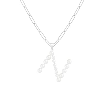 Letter N Initial Cultured Freshwater Pearl Rhodium Over Sterling Silver
Pendant With  18" Chain