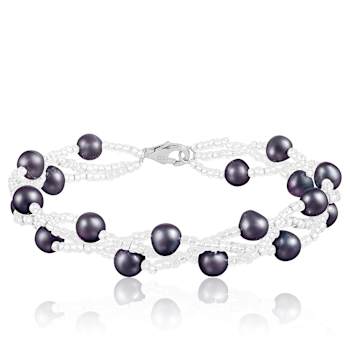 6-7mm Black Cultured Freshwater Pearl Silver  Bracelet