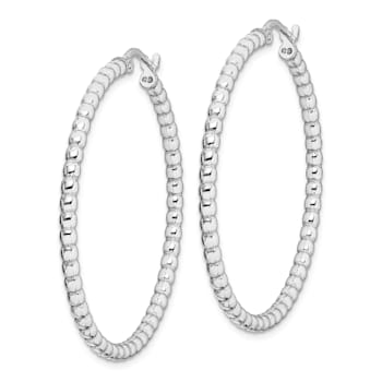 Rhodium Over Sterling Silver Beaded 3x35mm Hoop Earrings