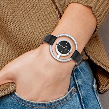 Ladies Charles Hubert Chrome-finish Black Dial Modern Circle Watch