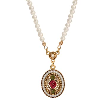 Yellow Base Metal Red Rose Filigree Oval Charm Faux Pearl Necklace
14" Adj.