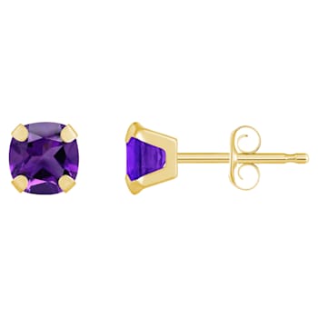 5mm Cushion Amethyst 10k Yellow Gold Stud Earrings