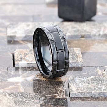 WINDSOR Beveled Black Tungsten Carbide Wedding Band with Brushed Finish
and Alternating Grooves 8mm