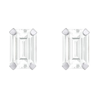 6x4mm Emerald Cut White Topaz Rhodium Over 10k White Gold Stud Earrings