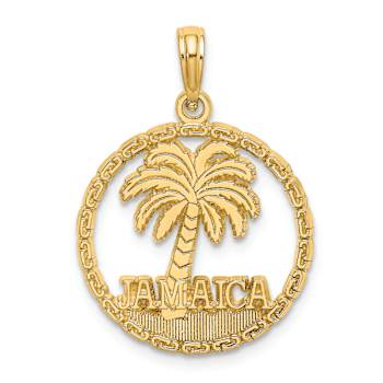 14k Yellow Gold Textured Jamaica With Palm Tree Inside Circle Charm