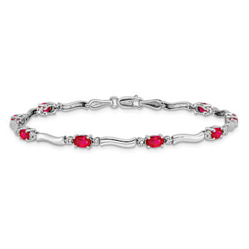 Rhodium Over 10k White Gold Diamond and Red Ruby Bracelet