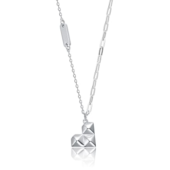 Geometric Heart Pendant Necklace In Rhodium Over Brass