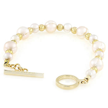 Freshwater Pearl And Bead Bracelet In Gold Over Bronze