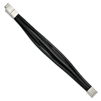 Black Faux Leather and Stainless Steel Polished Multi Strand with
0.5-inch Extension Bracelet