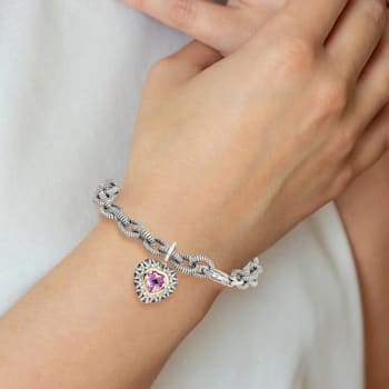 Sterling Silver with 14K Gold Over Sterling Silver Accent Oxidized Lab
Pink Sapphire Heart Bracelet