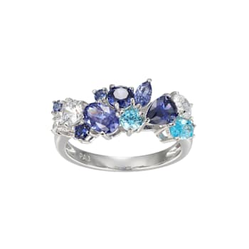 Blue Cubic Zirconia Rhodium Over Sterling Silver Ring 3.21ctw
