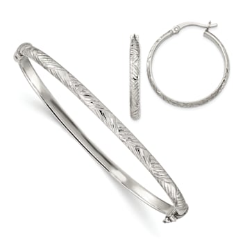 Sterling Silver Diamond-cut 4mm Bangle and 3mm Hoop Earring Set