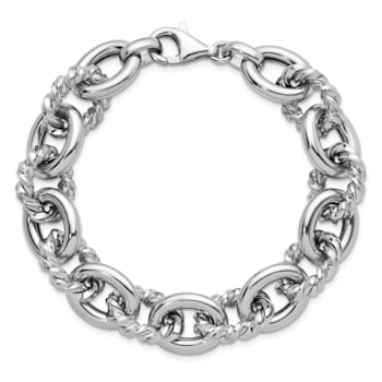 Rhodium Over Sterling Silver Polished and Twisted Oval Link Bracelet