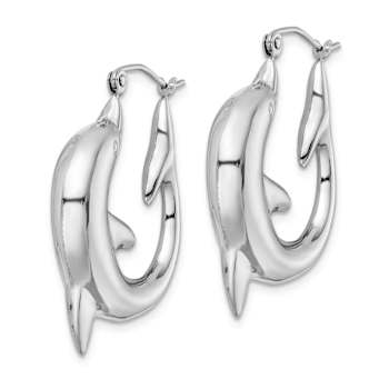 Rhodium Over Sterling Silver Polished Dolphin Round Hoop Earrings