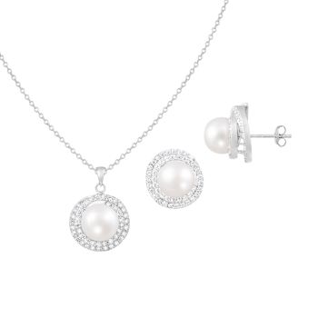 8½-9mm Button White Freshwater Pearl and CZ Rhodium Over Sterling
Earring and Pendant W/Chain Set
