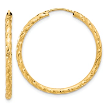 14k Yellow Gold 1 3/16" Polished Satin and Diamond-Cut Endless Hoop Earrings