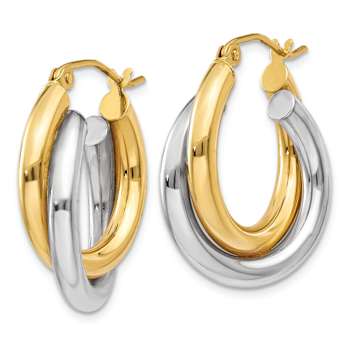 14k Yellow Gold and 14k White Gold Polished 9/16" Double Tube Hoop Earrings