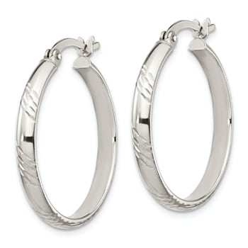 Sterling Silver Diamond-cut 4mm Bangle and 3mm Hoop Earring Set