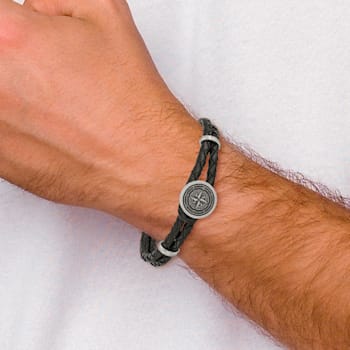 Black Leather and Stainless Steel Brushed Compass 8.5-inch Bracelet
