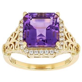 Amethyst Square Octagonal And White Zircon Ring In 18K Gold Over
Sterling Silver 3.96ctw