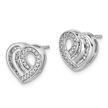 Rhodium Over 14k White Gold Diamond Heart Stud Earrings