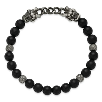 Stainless Steel Antique White Bronze Dragon Agate/Onyx Stretch 7.5-inch Bracelet