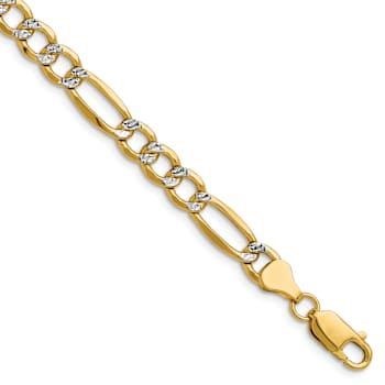 14K Two-tone Gold 6.5mm Textured Pave Figaro Link Bracelet