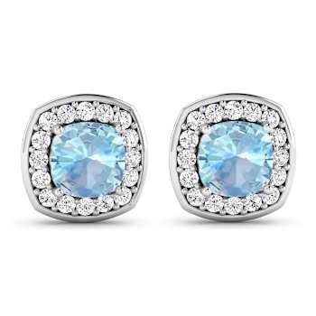 1.50ctw 14K White Gold Cushion Aquamarine and White Diamond Halo Earrings