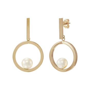 7-7.5mm Button White Freshwater Pearl 14K Yellow Gold Dangle Earrings