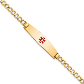 14k Yellow Gold Medical Soft Diamond Shape Red Enamel Curb Link ID Bracelet