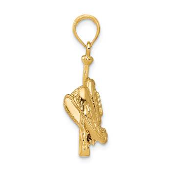 14k Yellow Gold 3D Polished and Textured Glove/Bat/Baseball Pendant