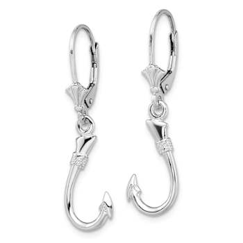 Rhodium Over Sterling Silver Polished 3D Fish Hook Leverback Earrings