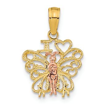 14K Two-tone Gold  Textured I Love (Heart) Butterfly Pendant