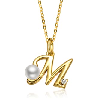 Initial M Pear Shape CZ And White Pearl Pendant Necklace In 14K Gold
Over Brass