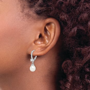 Rhodium Over Sterling Silver 7-8mm Freshwater Cultured Pearl and CZ
Leverback Dangle Earrings