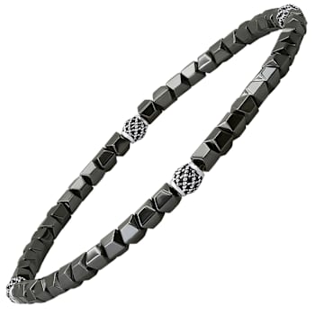 Gray Hematite Beaded Stretch Bracelet In Sterling Silver