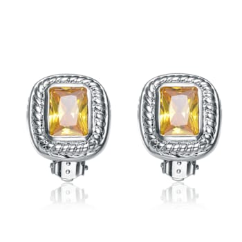 Citrine Color CZ Square Stud Earrings In Sterling Silver