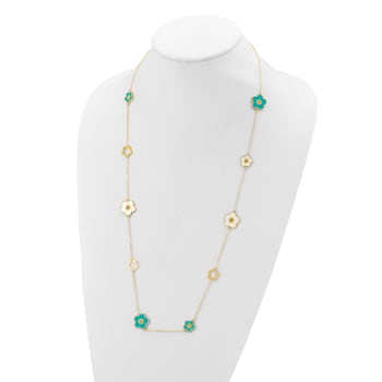 14K Yellow Gold Teal and White Color Mother Of Pearl Flower 30 Inch Necklace