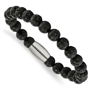 Stainless Steel Polished Lava Rock Beaded Stretch Bracelet