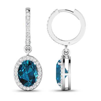 2.20ctw 14K White Gold London Blue Topaz  and White Diamond Halo Earrings