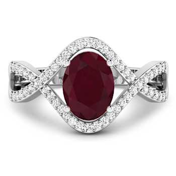 1.74ctw Red Ruby and Diamond 14K White Gold Halo Ring